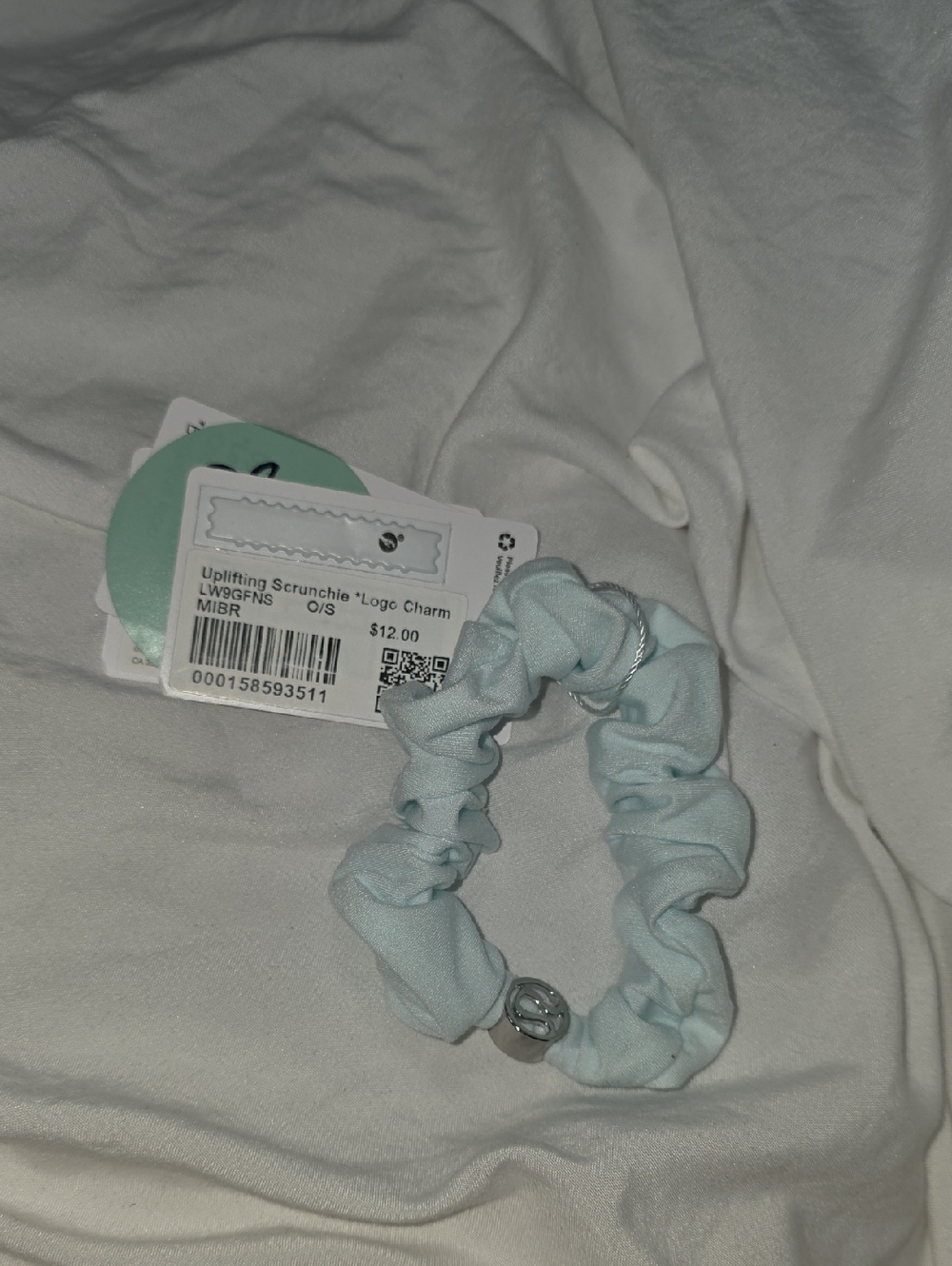 Lululemon Light Blue Uplifting Scrunchie with Logo Charm NWT